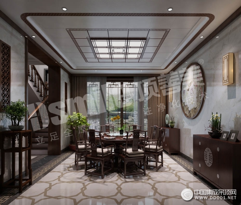 顶善美新中式风格餐厅吊顶装修效果图，新中式餐厅吊顶实例