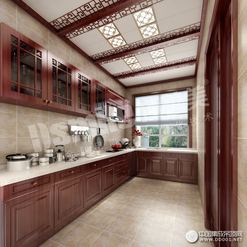 中式厨房吊顶装修效果图，顶善美中式厨房装修图
